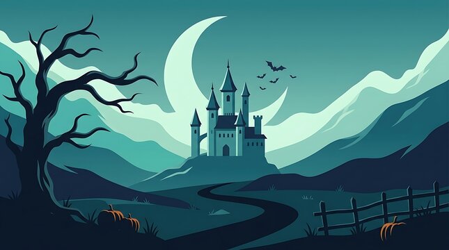Mysterious castle surrounded by forest under a crescent moon