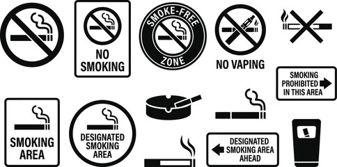Prohibition and designation signs related to smoking and vaping black silhouettes © BonyAmin