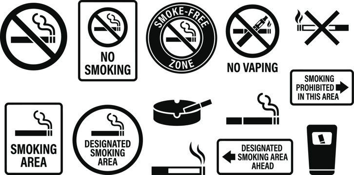 Prohibition and designation signs related to smoking and vaping black silhouettes