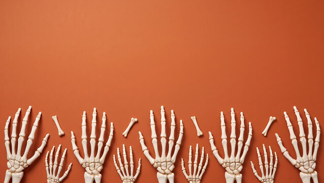 Skeletal hands waving in orange gradient background