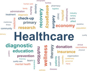Obraz premium Healthcare word cloud concept illustration, isolated on transparent background. EPS version.