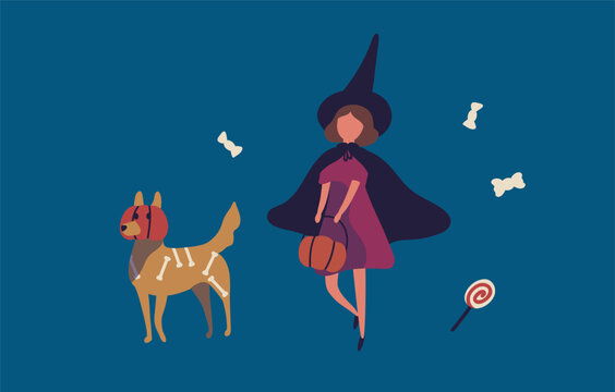 Halloween costumes for trick-or-treat, kid disguise in witch, dog in pumpkin mask. Girl kid in witch hat, with candies and cute puppy pet, dog animal in costume. Halloween flat vector illustration