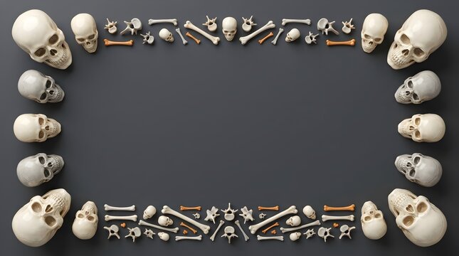 Rectangular frame made of human skulls and various bones isolated on a dark grey background with copy space