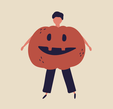 Halloween character in pumpkin costume for autumn horror party. Autumn holiday character in pumpkin outfit, Jackolantern body costume. Halloween person disguise for October. Flat vector illustration