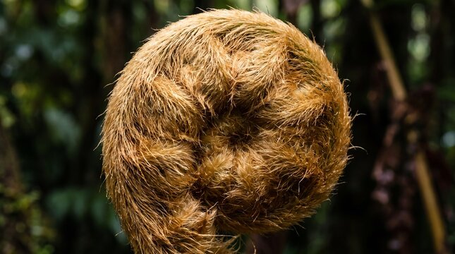 Close-up of a fuzzy, unfurling Hawaiian tree fern fiddlehead (Hapu?u) in a lush, green rainforest.