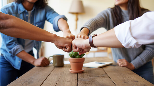 A close-up photograph of hands and arms coming together for a fist bump, symbolizing teamwork and unity in an office