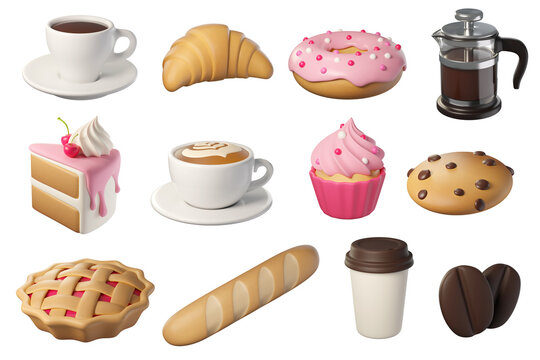 Bakery products 3D icon set isolated. Croissant, donut, cake, cupcake, cookie, pie, baguette, coffee for coffee shop, website, apps, menu, food delivery, restaurant. 
