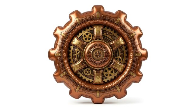 Steampunk gear icon with intricate bronze mechanical clockwork design on white background