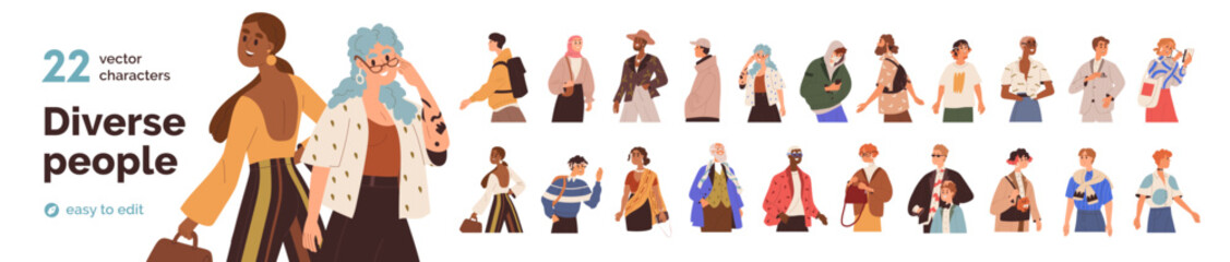 People walk, persons stroll, woman and man characters. Diverse woman and man stroll, people walking outdoors on street with smartphone, bag, backpack, glasses. Isolated flat vector illustrations set