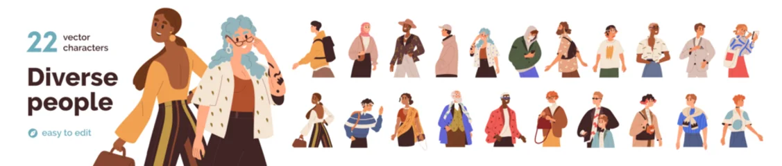 Fotobehang Kasteel People walk, persons stroll, woman and man characters. Diverse woman and man stroll, people walking outdoors on street with smartphone, bag, backpack, glasses. Isolated flat vector illustrations set  © Good Studio