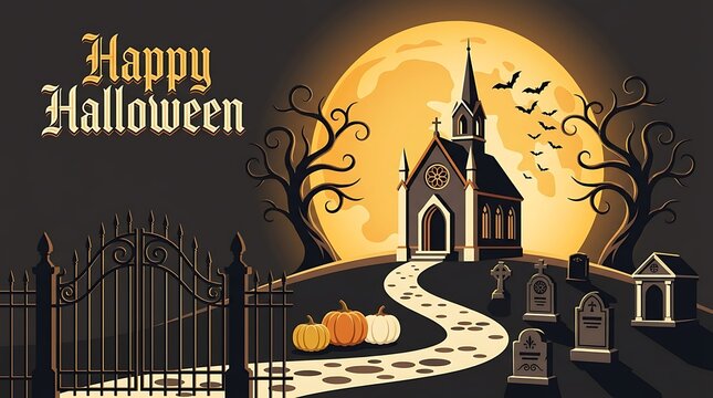 Happy halloween illustration with haunted church and pumpkins under full moon