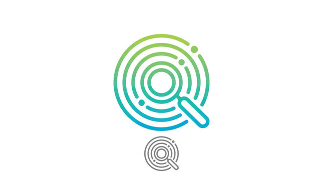 Minimalist magnifying glass vector icon illustration featuring vibrant blue and green circular gradient pattern line design