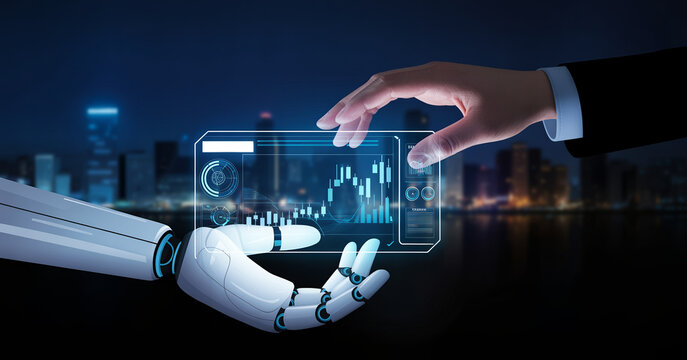 Human and robot hands interacting with digital financial trading interface displaying candlestick charts over night city skyline.