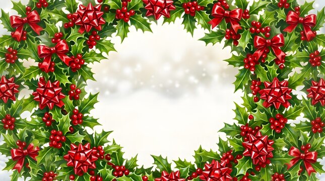 A beautiful festive christmas wreath adorned with vibrant red berries and lush green holly leaves