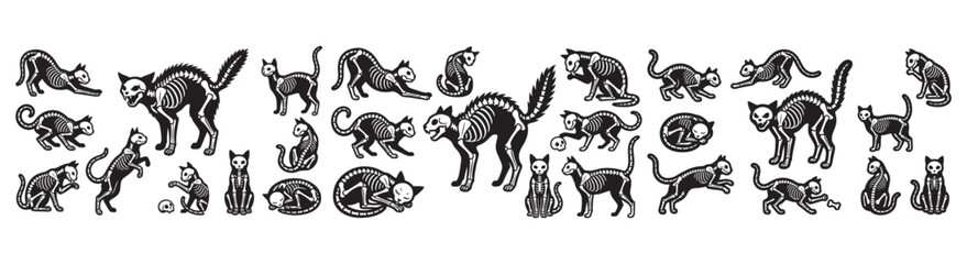 Obraz premium Seamless Black Cat Skeleton Pattern in Various Poses — Halloween Vector Icons and Repeating Background Design