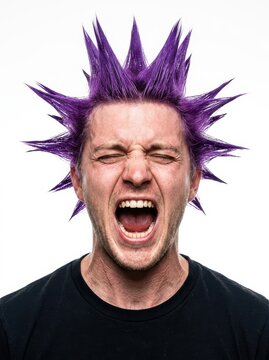 Expressive Portrait of a Man with Purple Liberty Spikes Screaming Loudly Against a White Background