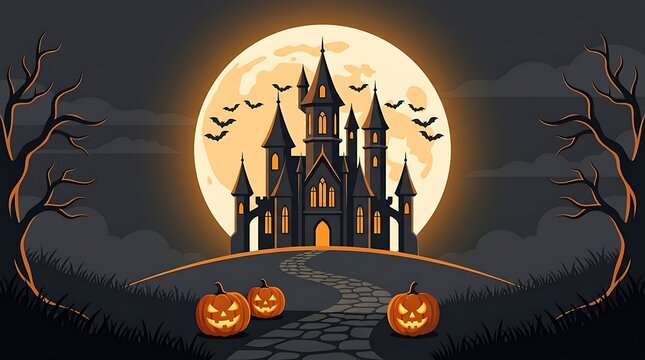 Haunted castle under a full moon with jack o lanterns