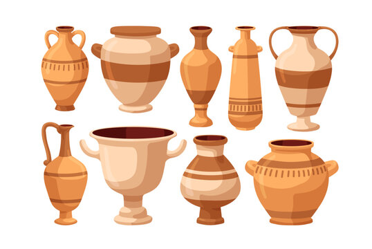 Ancient clay pottery, old Greek vase and pot. Ancient Greek ceramic pottery, clay vases, pots, jars, amphora vessels, bowls. Old museum erthenware set. Isolated flat cartoon vector illustrations