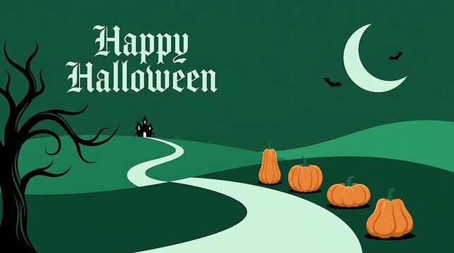 Happy halloween illustration with pumpkins and moonlit path