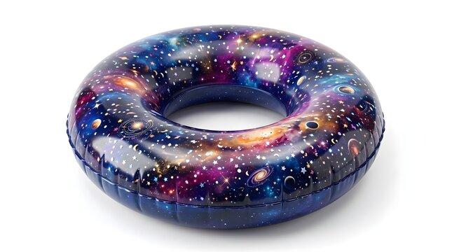 Inflatable galaxy print pool float isolated on white background for summer vacation fun