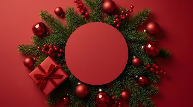 A festive christmas wreath with red ornaments and gifts perfect for holiday season greetings