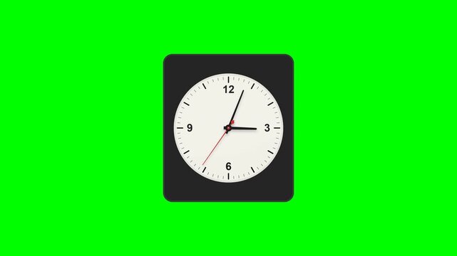 Professional analog clock unfolding time motion on green screen chroma key background for creative document video production