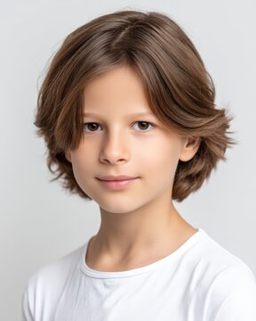 Portrait of a cute young boy with brown hair on white background