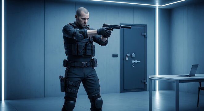 Tactical Operative Aims Weapon in Security Setting