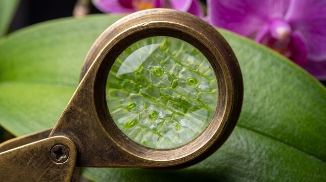 Close-up of magnified plant leaf cells and stomata, with blurred orchid flower in background