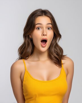 Young woman with shocked facial expression and open mouth