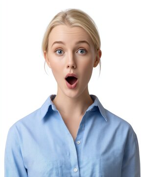 Young woman with a surprised expression and open mouth looking at camera isolated on white