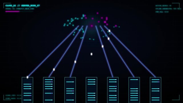 Digital Data Processing Visualization Illustrating Seamless Information Flow Between Server Racks and a Dynamic Cloud Network with Binary Code Streams