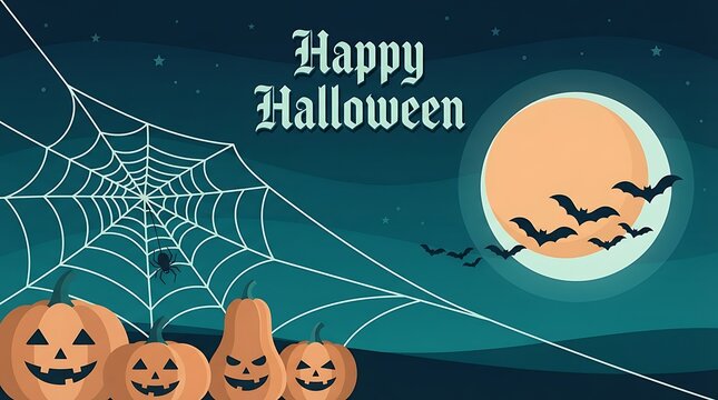 Happy halloween illustration with jack o lanterns and bats