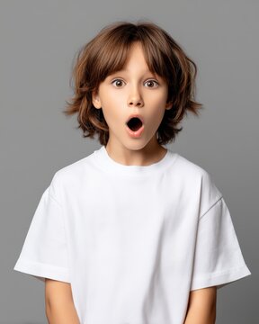 Portrait of a shocked young boy with an open mouth isolated on gray background
