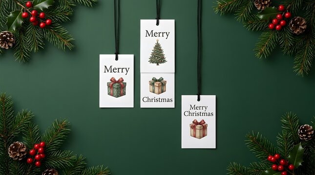 Festive christmas decorations hanging tags with winter illustrations and holly berry accents
