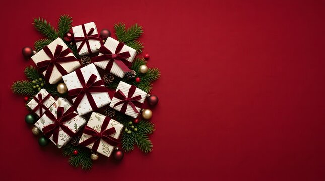 A festive and joyful christmas scene beautifully wrapped gifts with ribbons on a rich red background
