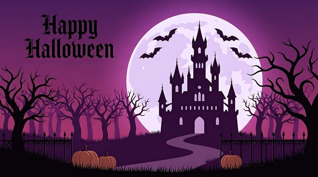 Happy halloween castle with full moon and bats vector illustration