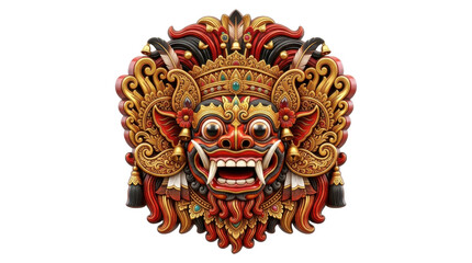 Fototapeta premium Intricate balinese barong mask carving with traditional golden and red ornate decorations.