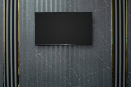 Wall-mounted television complements elegant dark paneling in contemporary home space