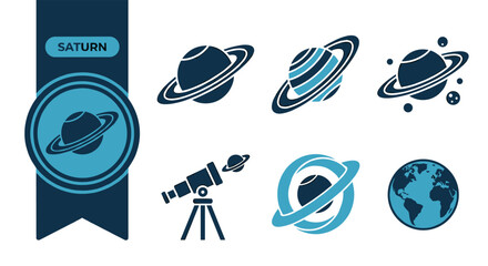 Premium saturn icon set, six flat vector variations, navy blue ribbon badge design, isolated on white background, ideal for space, astronomy and planet themes, suitable for branding © ArtMint