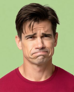 Portrait of a man with an embarrassed facial expression against a light green background