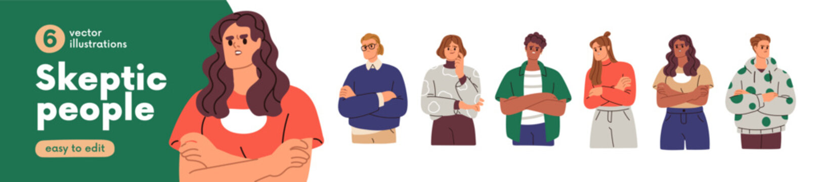 Man and woman characters doubt, think. Suspicious persons, vector illustrations. Doubt people set with suspicious pensive face expressions. Frowning man and woman characters, skeptical emotions