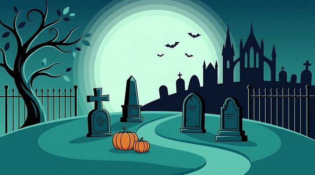 Spooky halloween cemetery scene with pumpkins and bats at night
