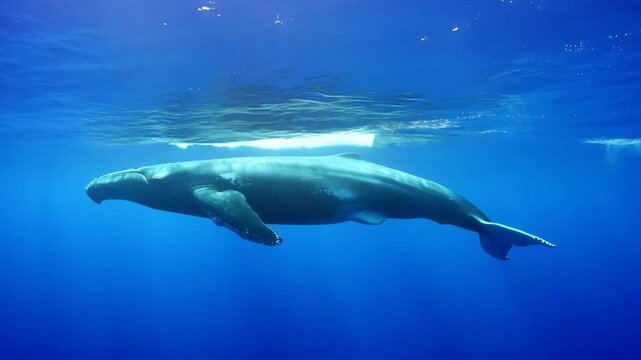 Underwater View of a Majestic Humpback Whale Swimming in the Deep Blue Ocean