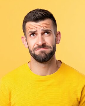 Young man feeling awkward and embarrassed with a doubtful facial expression
