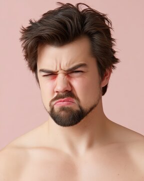 Portrait of young man with beard making a disgusted and cringing face