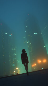 mysterious woman in foggy urban nightscape with skyscrapers 