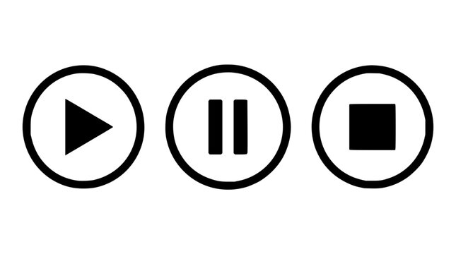 Media player set with circular icons featuring play, pause, and stop buttons with black outline and transparent background