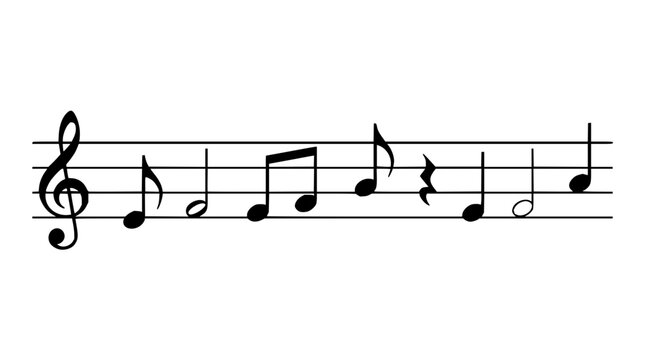 Music notes set with black and white musical staff featuring treble clef, quarter notes, eighth notes, half note and whole note with lines and dots
