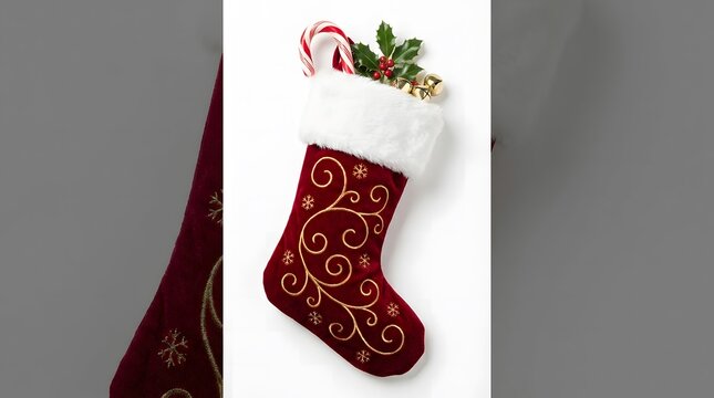 A festive red christmas stocking filled with holiday cheer and topped with delightful seasonal decorations